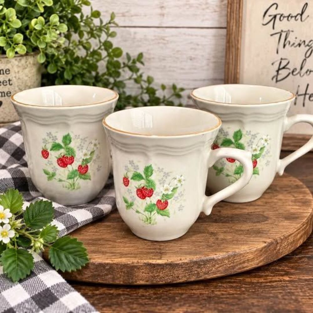 Vintage Strawberry Stoneware Mugs - Set of 3